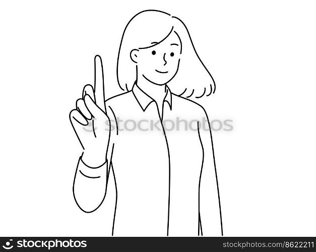 Smiling young woman point finger up generate business idea. Happy businesswoman show upward at good deal or promotion. Vector illustration. . Smiling woman point finger up generate idea 