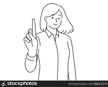 Smiling young woman point finger up generate business idea. Happy businesswoman show upward at good deal or promotion. Vector illustration. . Smiling woman point finger up generate idea 