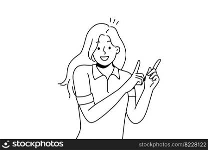 Smiling young woman point up at good deal or offer. Happy girl show with fingers up recommend good sale or discount. Copy space. Vector illustration. . Smiling girl point up with fingers 