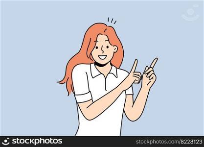 Smiling young woman point up at good deal or offer. Happy girl show with fingers up recommend good sale or discount. Copy space. Vector illustration. . Smiling girl point up with fingers 