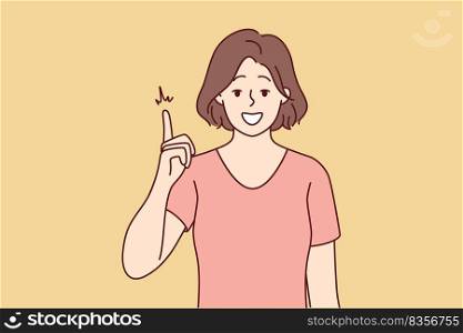 Smiling young woman point up with finger generate good business idea or thought. Happy female show good deal or offer. Vector illustration.. Smiling woman point up with finger