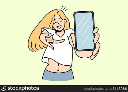 Smiling young woman pointing at cellphone screen show good sale deal or offer. Happy girl demonstrate new app on modern smartphone. Technology concept. Vector illustration.. Smiling girl pointing at smartphone screen