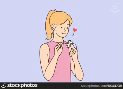 Smiling young woman read fortune on chamomile ask for love. Happy girl telling fortunes on flower wait for relations. Vector illustration. . Smiling woman read fortune on chamomile 