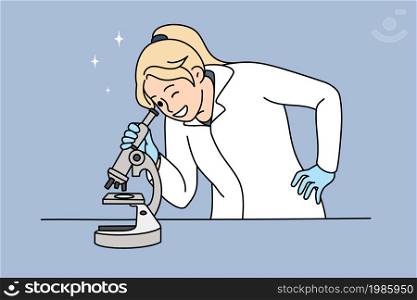 Smiling young woman scientist look in microscope in laboratory. Happy female lab worker do scientific research with medical equipment. Medicine and experiment. Flat vector illustration. . Woman scientist do experiment look in microscope
