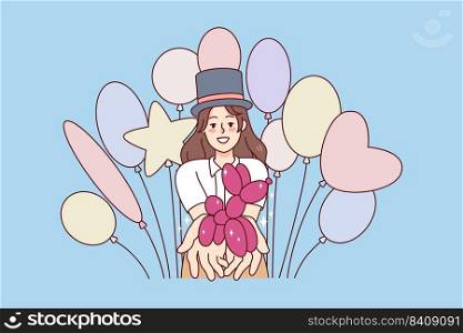 Smiling young woman selling balloons. Happy female seller promoting helium balloons and figures. Flat vector illustration.. Happy woman selling helium balloons