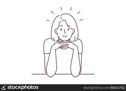 Smiling young woman sit at desk looking at camera. Happy girl sitting at table communicating with friend or colleague. Communication. Vector illustration. . Smiling woman sit at desk talking with someone 