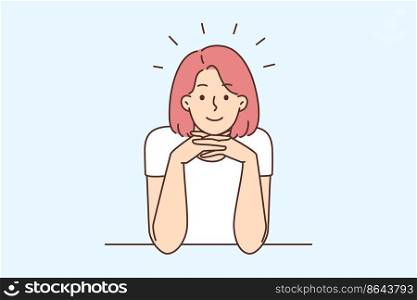Smiling young woman sit at desk looking at camera. Happy girl sitting at table communicating with friend or colleague. Communication. Vector illustration. . Smiling woman sit at desk talking with someone 