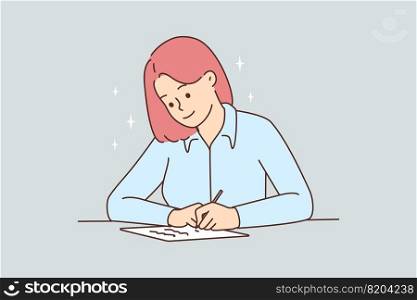 Smiling young woman sit at desk writing letter. Happy girl at table handwriting on paper making notes. Vector illustration.. Smiling woman sit at desk writing