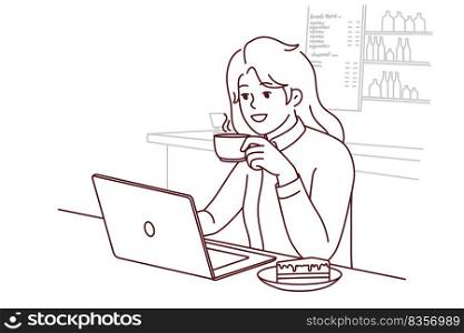 Smiling young woman sit in cafe working on computer. Happy girl drink coffee and cake study on laptop in coffee shop. Vector illustration. . Smiling woman drink coffee work on laptop in cafe