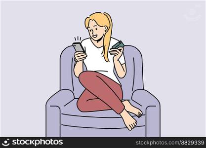 Smiling young woman sit in chair at home shopping online on cellphone with credit card. Happy female buyer purchase goods on internet on smartphone. Vector illustration. . Smiling woman shopping on cell with credit card