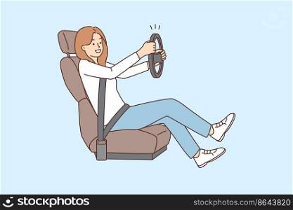 Smiling young woman sit in chair learn driving. Happy girl with steering wheel in hands drive car. Driving lessons concept. Vector illustration. . Smiling woman with steering wheel learn driving 