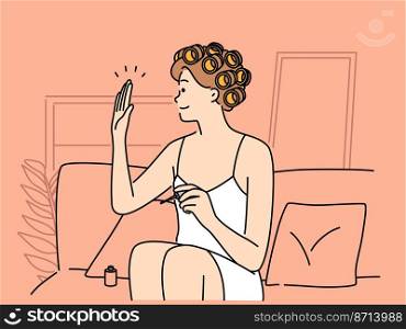 Smiling young woman sit in salon wave to friend. Happy girl do beauty procedures in spa greeting with girlfriend. Vector illustration. . Smiling girl in salon waving to friend 