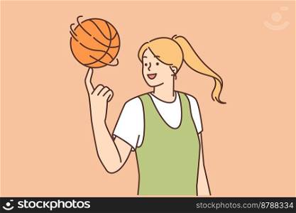 Smiling young woman spin basketball ball on finger. Happy female athlete or player have fun playing game outdoors. Sport and hobby. Vector illustration. . Smiling girl spin ball on finger 