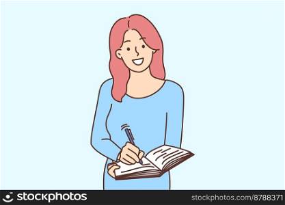 Smiling young woman take notes in notebook. Happy female writer or journalist writing in notepad. Making list or planning. Vector illustration. . Smiling woman writing in notebook 