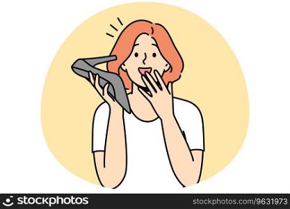 Smiling young woman talk on heel hear shocked unbelievable news. Happy girl speak on hoe as on phone surprised with unexpected message. Vector illustration.. Stunned woman talk on shoe phone