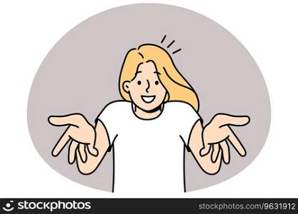 Smiling young woman talking with camera. Happy millennial girl feel joyful and uplifted making hands gestures. Vector illustration.. Smiling woman talking at camera