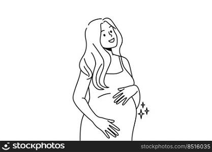 Smiling young woman touching belly excited with pregnancy. Happy pregnant female hold hands caress abdomen. Motherhood concept. Vector illustration. . Happy woman excited with pregnancy 