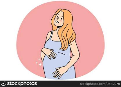 Smiling young woman touching belly excited with pregnancy. Happy pregnant female hold hands caress abdomen. Motherhood concept. Vector illustration.. Happy woman excited with pregnancy