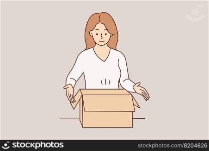 Smiling young woman unpack carton box with order. Happy female client or customer open cardboard box with online purchase. Vector illustration. . Smiling woman unpack box with order