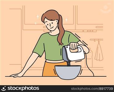 Smiling young woman whip with mixer cooking at home kitchen. Happy female enjoy preparing dessert on weekend. Hobby concept. Vector illustration. . Happy woman cooking with mixer at home 