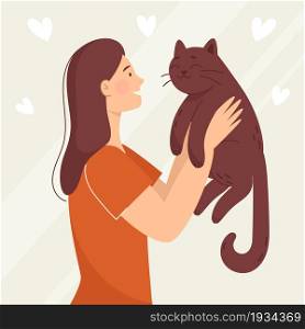 Smiling young woman with a cat, pet. Love and friendship with animals. Vet clinic. Vector illustration in cartoon style