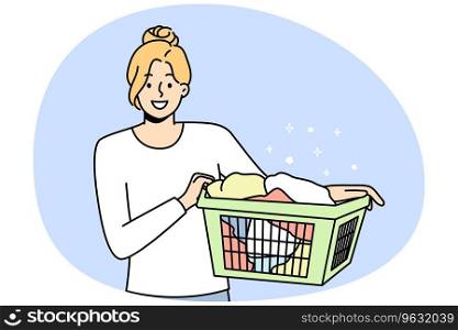 Smiling young woman with basket with clothes going to laundry. Happy girl cleaning clothing in laundromat. Vector illustration.. Smiling woman with basket of laundry