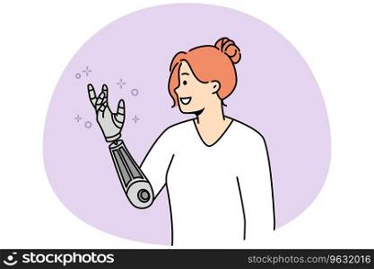Smiling young woman with bionic arm. Happy female with prosthesis feeling optimistic. Disability and technology. Vector illustration.. Smiling woman with bionic arm