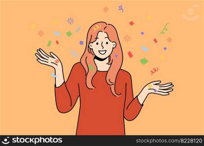 Smiling young woman with confetti have fun celebrating. Happy girl enjoy party or celebration. Vector illustration. . Smiling woman with confetti enjoy celebration