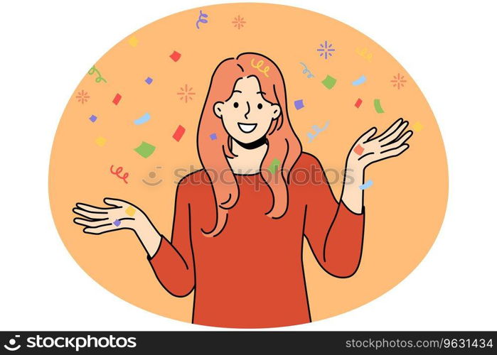 Smiling young woman with confetti have fun celebrating. Happy girl enjoy party or celebration. Vector illustration.. Smiling woman with confetti enjoy celebration