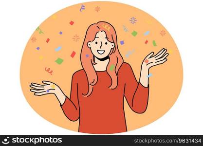 Smiling young woman with confetti have fun celebrating. Happy girl enjoy party or celebration. Vector illustration.. Smiling woman with confetti enjoy celebration