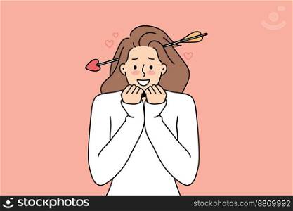 Smiling young woman with cupid arrow in head feel head over heels. Happy girl emotional and excited feeling in love and affection. Vector illustration. . Smiling woman with cupid arrow in head 