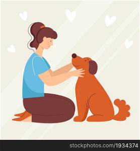 Smiling young woman with dog, pet. Love and friendship with animals. Vet clinic. Vector illustration in cartoon style