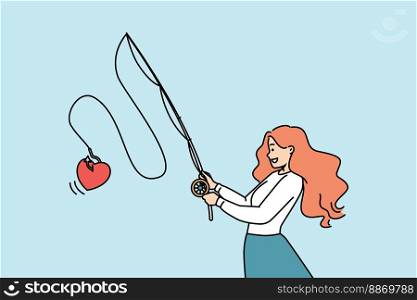 Smiling young woman with fishing rod catch heart on hook. Happy female make someone fall in love. Relationships and affection. Vector illustration. . Smiling woman with rod with heart on hook