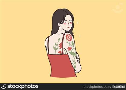 Smiling young woman with flower tattoo on arm, shoulder and back. Happy millennial generation z girl body painting drawing with ink. Hobby, art concept. Self-expression. Flat vector illustration.. Smiling girl with flower tattoo on shoulder