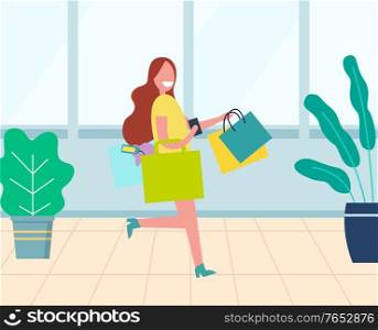 Smiling young woman with long wavy hair carrying many colorful shopping bags in department store or supermarket Cartoon character buying things in the shop. Young Smiling Woman with Colorful Bags in Store