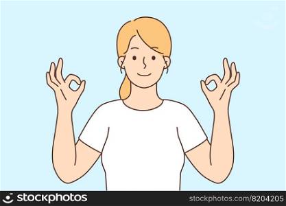 Smiling young woman with mudra hands mediating relieve negative emotions. Happy girl practice yoga engaged in stress relief technique. Vector illustration.. Smiling woman with mudra hands meditating