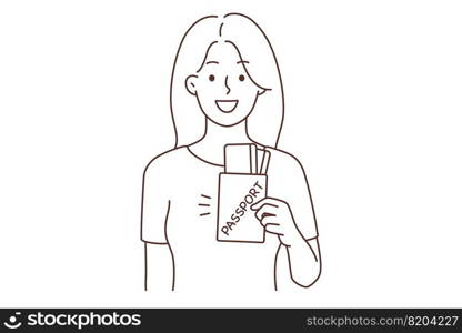 Smiling young woman with passport excited about journey. Happy female traveler or tourist with documents overjoyed with adventure. Travel and tourism. Vector illustration. . Smiling woman with passport excited with travel 