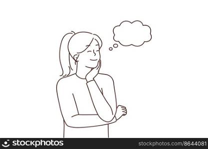Smiling young woman with speech bubble above head thinking or making plans. Happy girl dream or visualize. Daydreaming and visualization. Vector illustration. . Smiling woman dreaming or imagining 