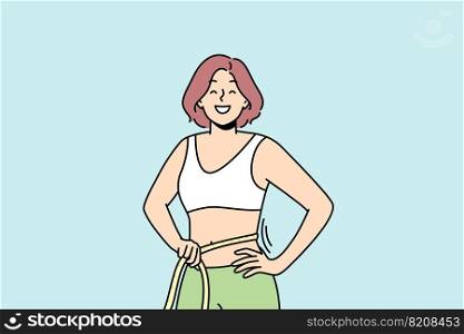 Smiling young woman with tape on waist excited with diet and sport results. Happy think female show thin slim body. Weight loss concept. Vector illustration. . Smiling woman with tape on waist 