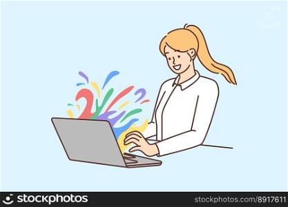 Smiling young woman working on laptop with colorful splashes coming from screen. Happy female employee brainstorm engaged in creative thinking. Vector illustration. . Smiling woman work on laptop with colorful stains on screen