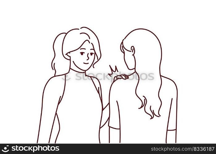 Smiling young women posing together in studio. Happy millennial beautiful girls models front and back. Vector illustration. . Smiling young women posing together 