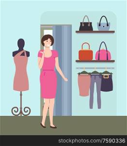Smilling woman in dress choosing clothes, portrait view of female clothing shop, shelves with fashionable handbags pants and skirts on hanger vector. Girl Choosing Clothes, Shopping in Boutique Vector