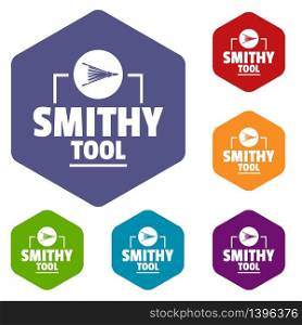 Smithy tool icons vector colorful hexahedron set collection isolated on white . Smithy tool icons vector hexahedron
