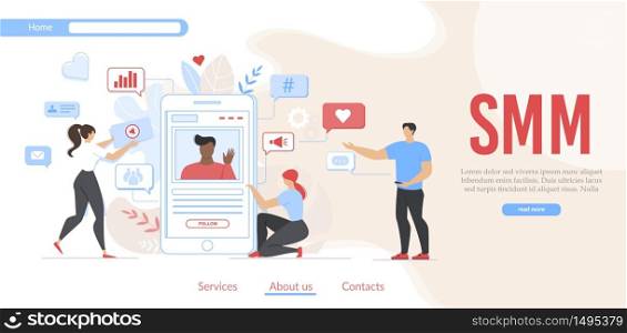 SMM Campaign and Social Media Network Promotion Banner. Flat Poster with Man and Woman Working on Engagement Followers and Positive Feedback. Internet Advertisement. Vector Cartoon Illustration. SMM Campaign and Social Media Network Promotion