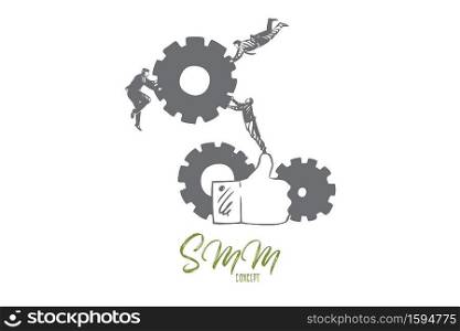 SMM concept sketch. Flying businessmen teamwork, targeted online promotion, e marketing, thumbs up and gears, internet marketing, modern advertising business banner. Isolated vector illustration. SMM concept sketch. Isolated vector illustration