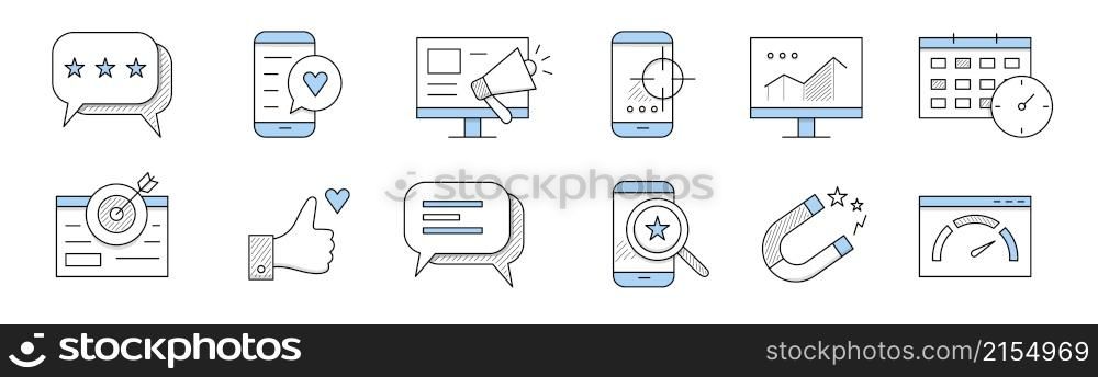 SMM doodle icons speech bubble with stars, smartphone and like button, pc with megaphone, mobile with target on screen, computer display with graph, calendar, thumb up, Line art vector signs set. SMM doodle icons, line art isolated vector signs