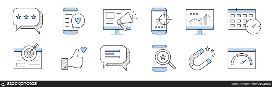 SMM doodle icons speech bubble with stars, smartphone and like button, pc with megaphone, mobile with target on screen, computer display with graph, calendar, thumb up, Line art vector signs set. SMM doodle icons, line art isolated vector signs