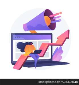 SMM, internet promotion, online advertisement. Announcement, market research, sales growth. Marketer with laptop and loudspeaker cartoon character. Vector isolated concept metaphor illustration.. SMM, internet promotion vector concept metaphor.