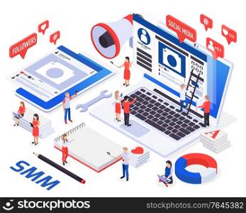 SMM marketing promotion symbols isometric composition with social media groups friends followers like sharing products vector illustration. SMM Promotion Isometric Composition