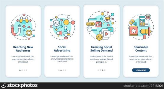 SMM marketing trends onboarding mobile app screen. Network walkthrough 4 steps graphic instructions pages with linear concepts. UI, UX, GUI template. Myriad Pro-Bold, Regular fonts used. SMM marketing trends onboarding mobile app screen